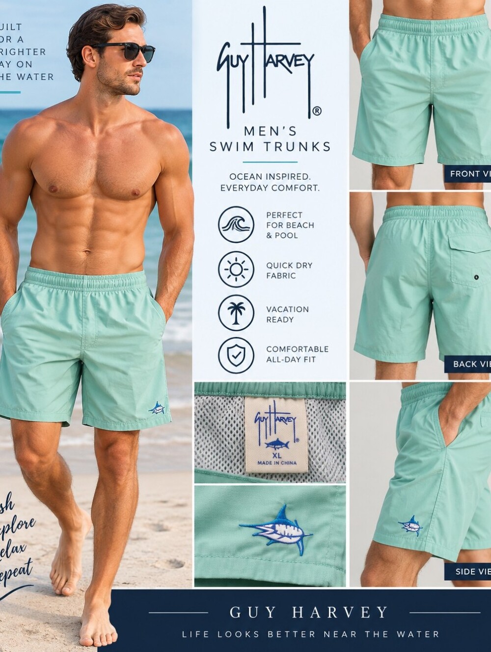 Guy Harvey Men’s XL Mint Green Swim Trunks Board Shorts Marlin Embroidered